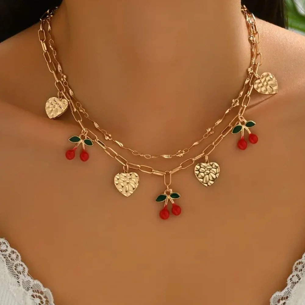 Gold Cherry & Heart Pendants Link Necklaces